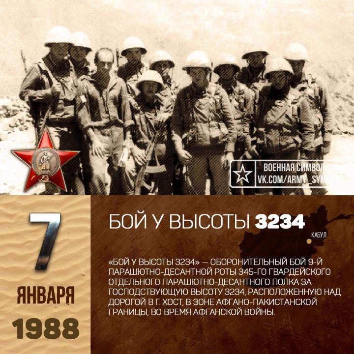 7 января 1988 - Афганская война: начался бой девятой роты 345-го гвардейского парашютно-десантного полка у высоты 3234.