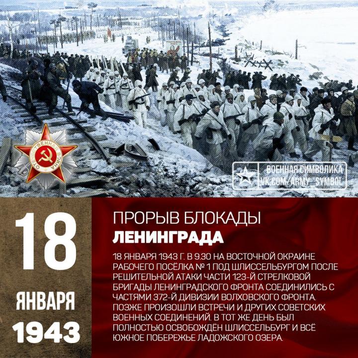 18 января 1943 года Ленинградского и Волховского фронтов прорвали блокаду Ленинграда.